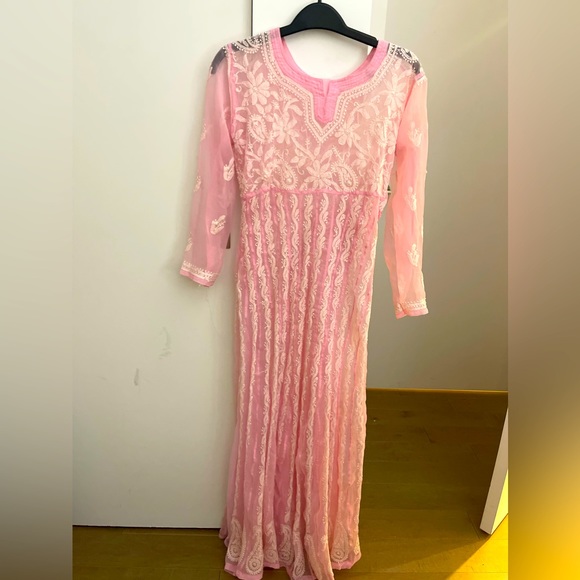 Pink chikankari Anarkali with matching tunic - Picture 1 of 3